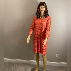 R & K Fashion Eyelet Lined Dress 3/4 Tie Sleeve Light Coral Women's Size 10-NWT